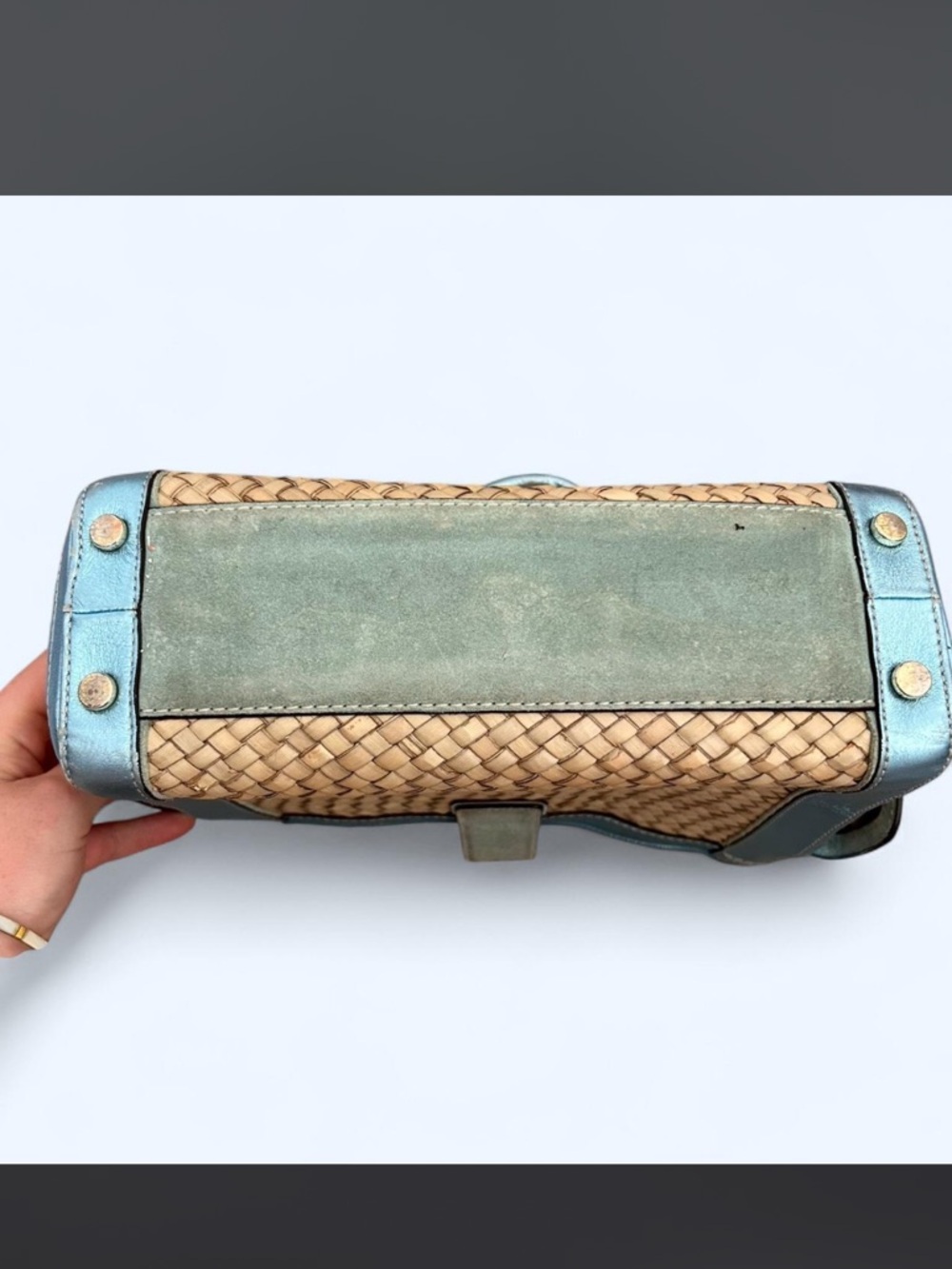 Woven Tote with Metallic Blue Trim and Center Buckle - Picture 2 of 5